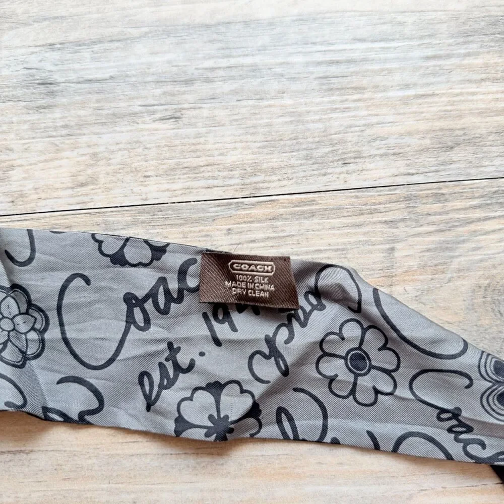Coach Y2K 100% Silk Skinny Scarf Twilly Gray Black Logo Floral Hair Bag Ribbon